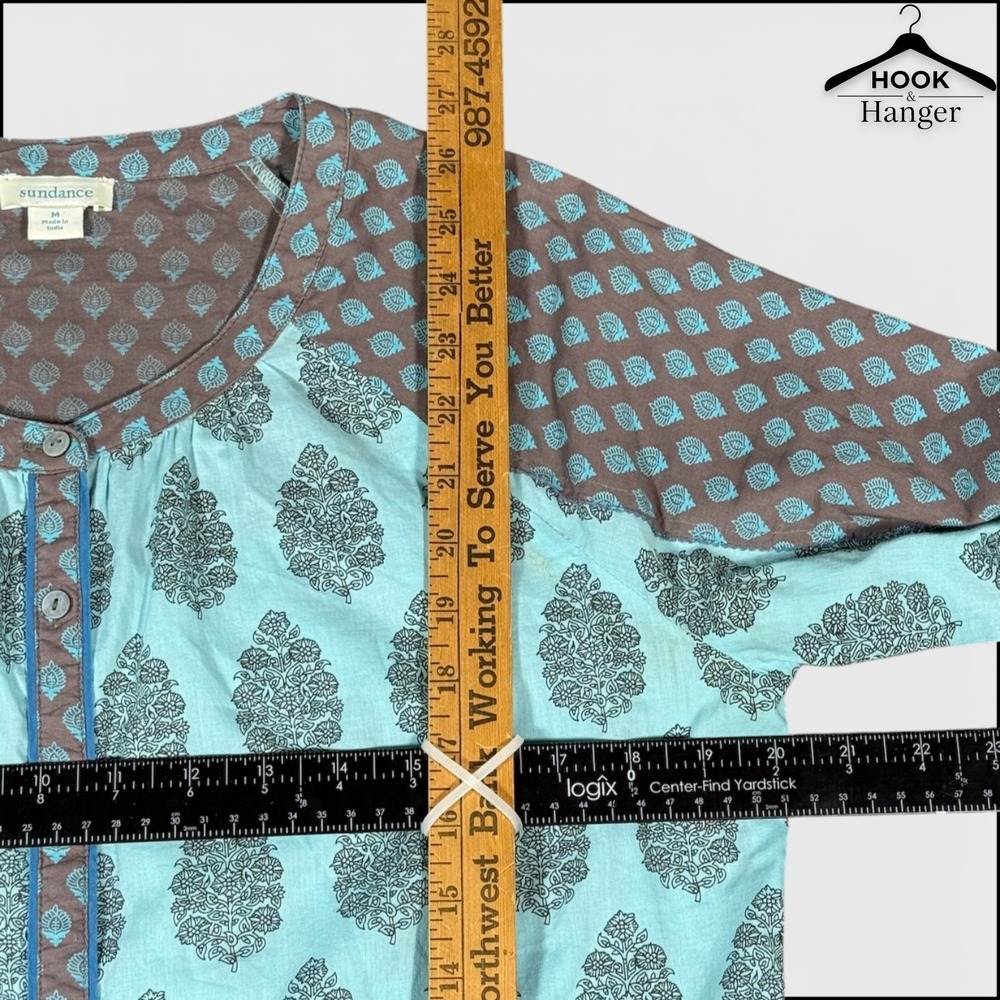 Sundance Stories To Be Told Boho Mixed Print Button Down Peasant Top M Blue Teal - Picture 8 of 8